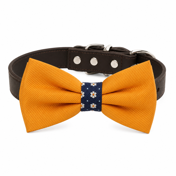 Mustard Yellow Ring Bearer Wedding Dog Bow Tie Collar with Adjustable Brown Vegan Leather Collar