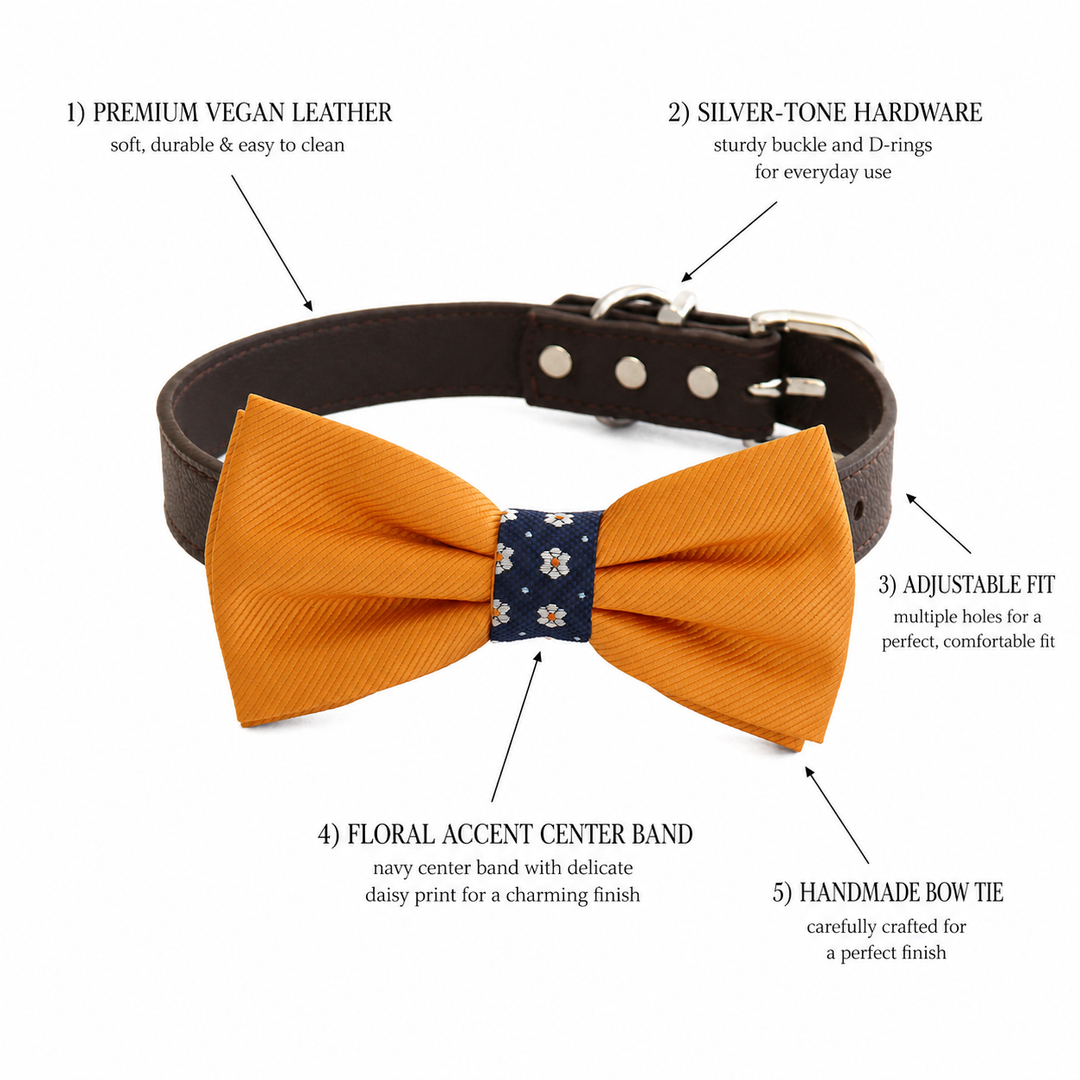 Mustard Yellow Ring Bearer Wedding Dog Bow Tie Collar with Adjustable Brown Vegan Leather Collar