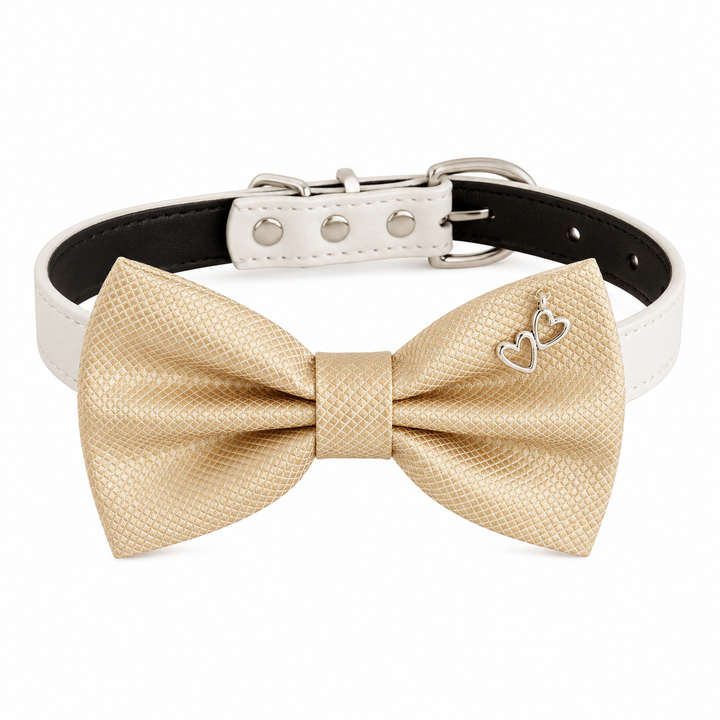 Champagne Gold Ring Bearer Wedding Dog Bow Tie Collar with Adjustable White Vegan Leather Collar