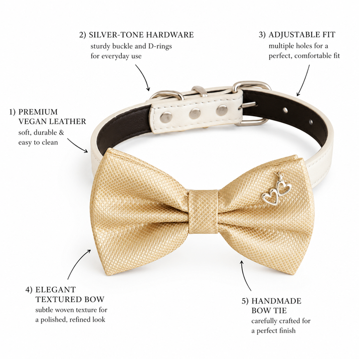Champagne Gold Ring Bearer Wedding Dog Bow Tie Collar with Adjustable White Vegan Leather Collar