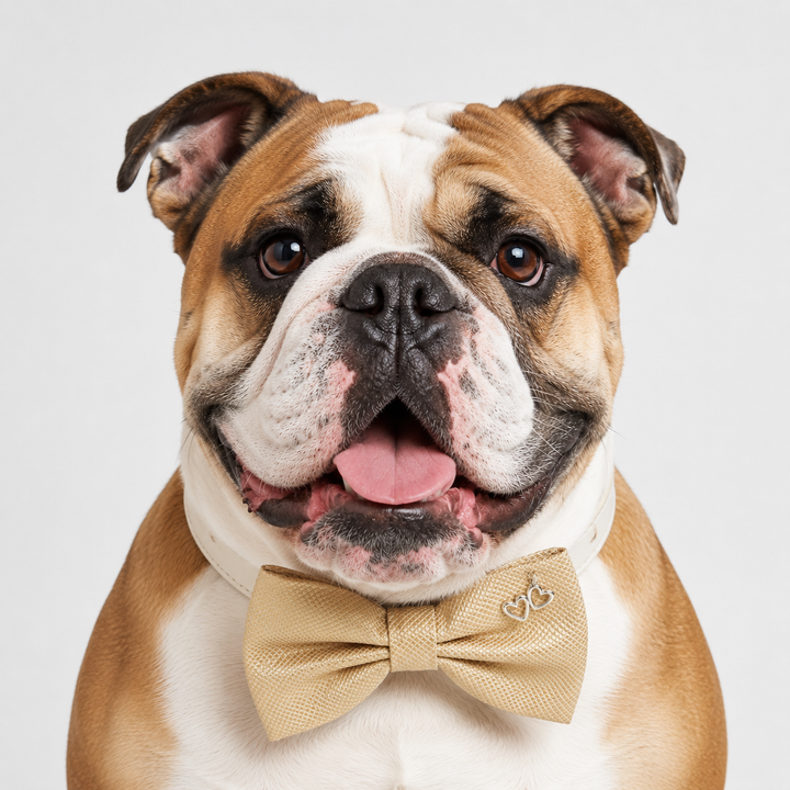 Champagne Gold Ring Bearer Wedding Dog Bow Tie Collar with Adjustable White Vegan Leather Collar