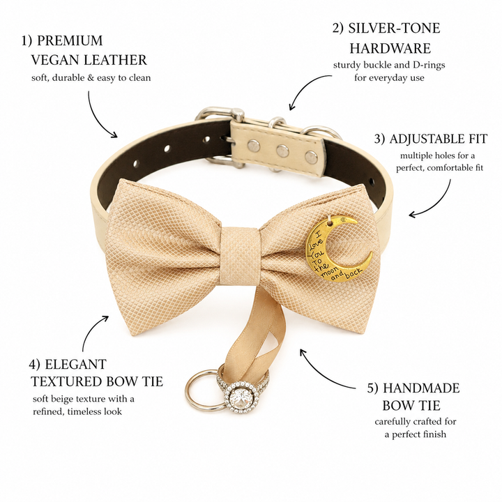 Champagne Moon Charm Ring Bearer Dog Bow Tie Collar with Ring Holder Ribbon & Adjustable Ivory Vegan Leather Collar