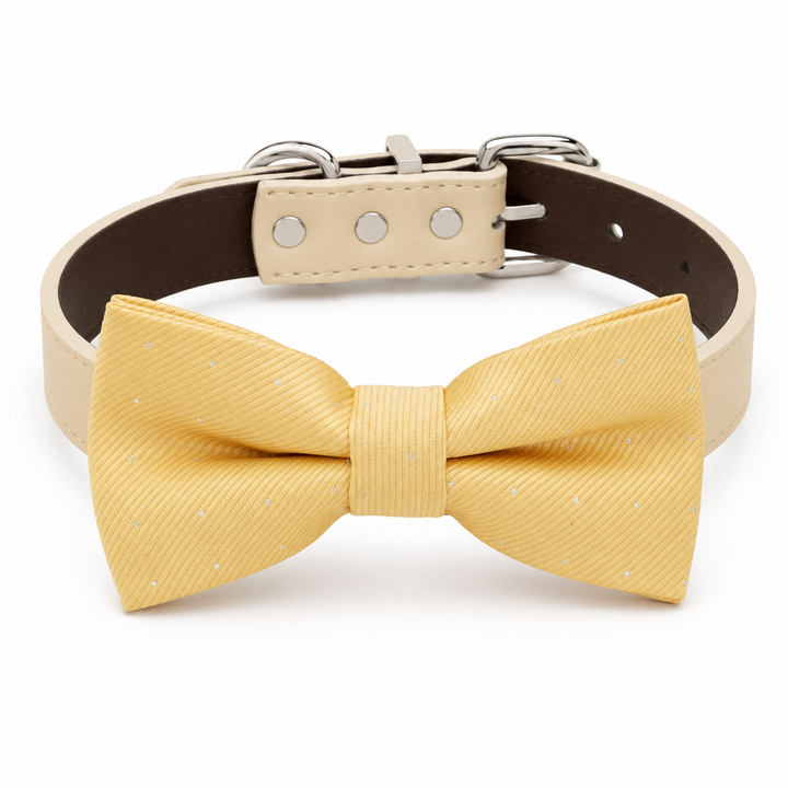 Pastel Yellow Polka Dot Ring Bearer Dog Bow Tie Collar with Adjustable Ivory Vegan Leather Collar