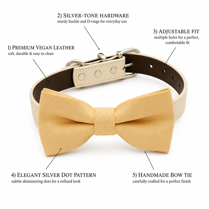 Pastel Yellow Polka Dot Ring Bearer Dog Bow Tie Collar with Adjustable Ivory Vegan Leather Collar