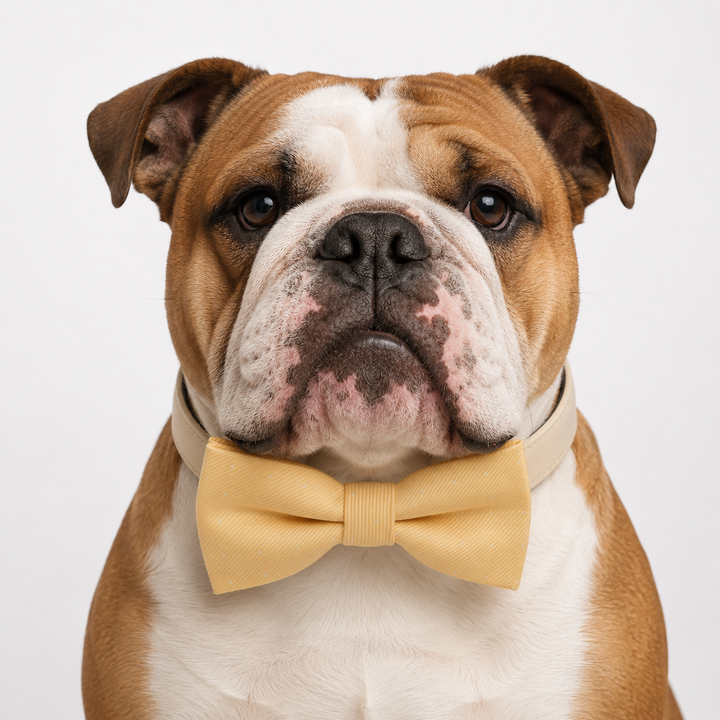Pastel Yellow Polka Dot Ring Bearer Dog Bow Tie Collar with Adjustable Ivory Vegan Leather Collar