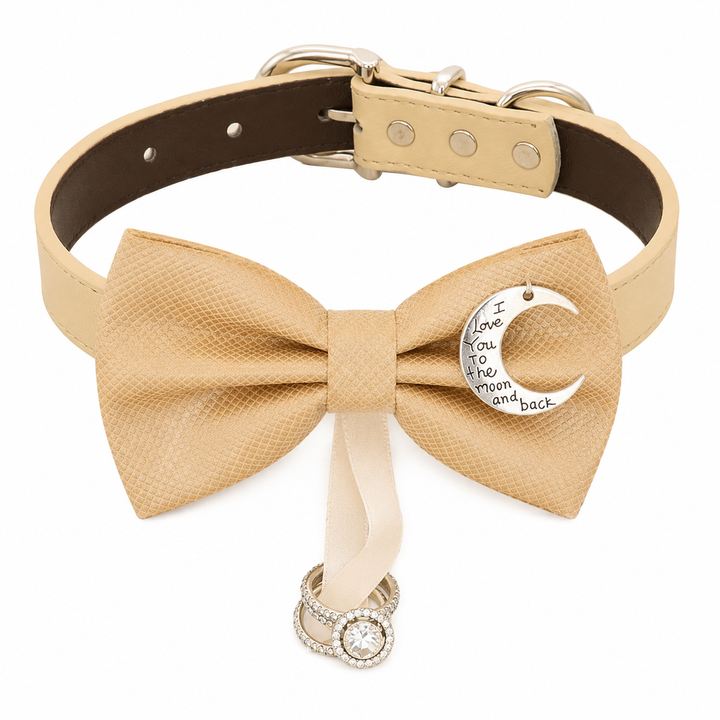Champagne Moon Charm Ring Bearer Dog Bow Tie Collar with Attached Ring Holder Ribbon & Adjustable Ivory Vegan Leather Collar
