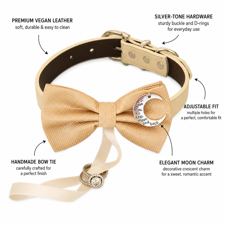 Champagne Moon Charm Ring Bearer Dog Bow Tie Collar with Attached Ring Holder Ribbon & Adjustable Ivory Vegan Leather Collar