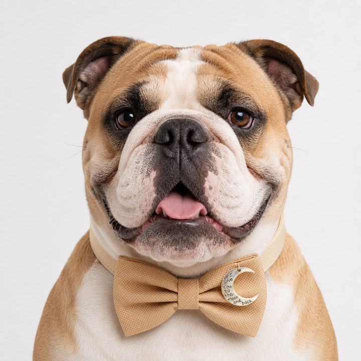 Champagne Moon Charm Ring Bearer Dog Bow Tie Collar with Attached Ring Holder Ribbon & Adjustable Ivory Vegan Leather Collar