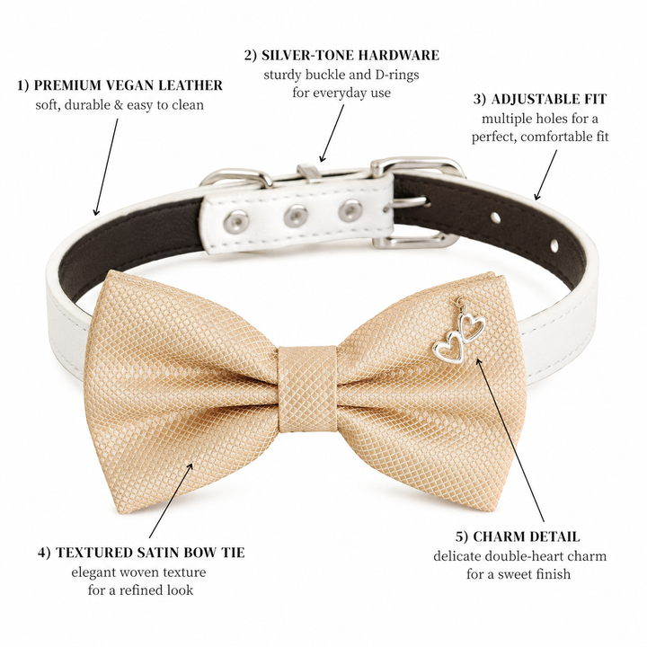 Champagne Double Heart Charm Ring Bearer Dog Bow Tie Collar with Adjustable White Vegan Leather Collar