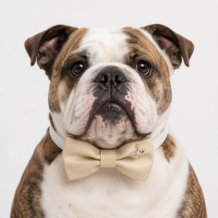 Champagne Double Heart Charm Ring Bearer Dog Bow Tie Collar with Adjustable White Vegan Leather Collar