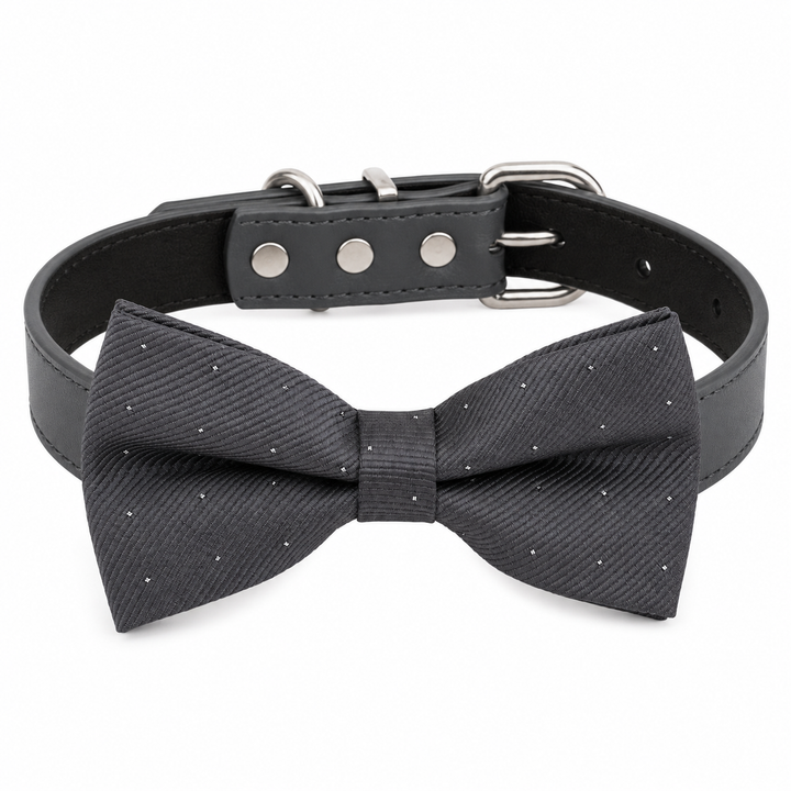 Charcoal Gray Polka Dot Ring Bearer Dog Bow Tie Collar with Adjustable Black Vegan Leather Collar
