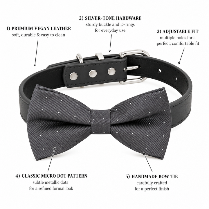 Charcoal Gray Polka Dot Ring Bearer Dog Bow Tie Collar with Adjustable Black Vegan Leather Collar