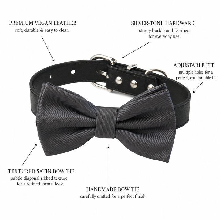 Solid Charcoal Ring Bearer Gray Dog Bow Tie Collar with Adjustable Black Vegan Leather Collar