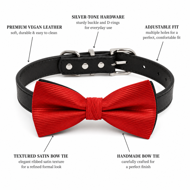 Classic Red Ring Bearer Dog Bow Tie Collar with Adjustable Black Vegan Leather Collar