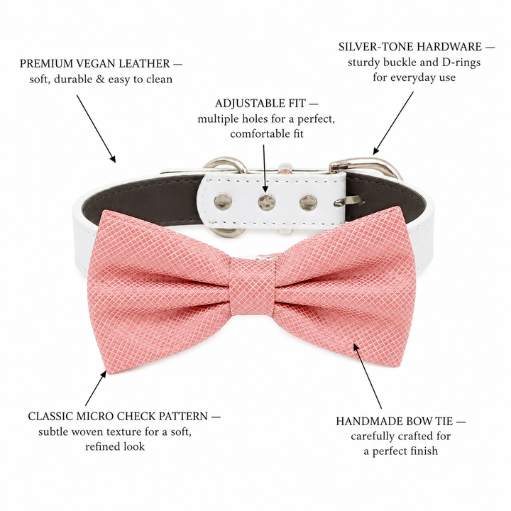 Blush Pink Ring Bearer Dog Bow Tie Collar with Adjustable White Vegan Leather Collar