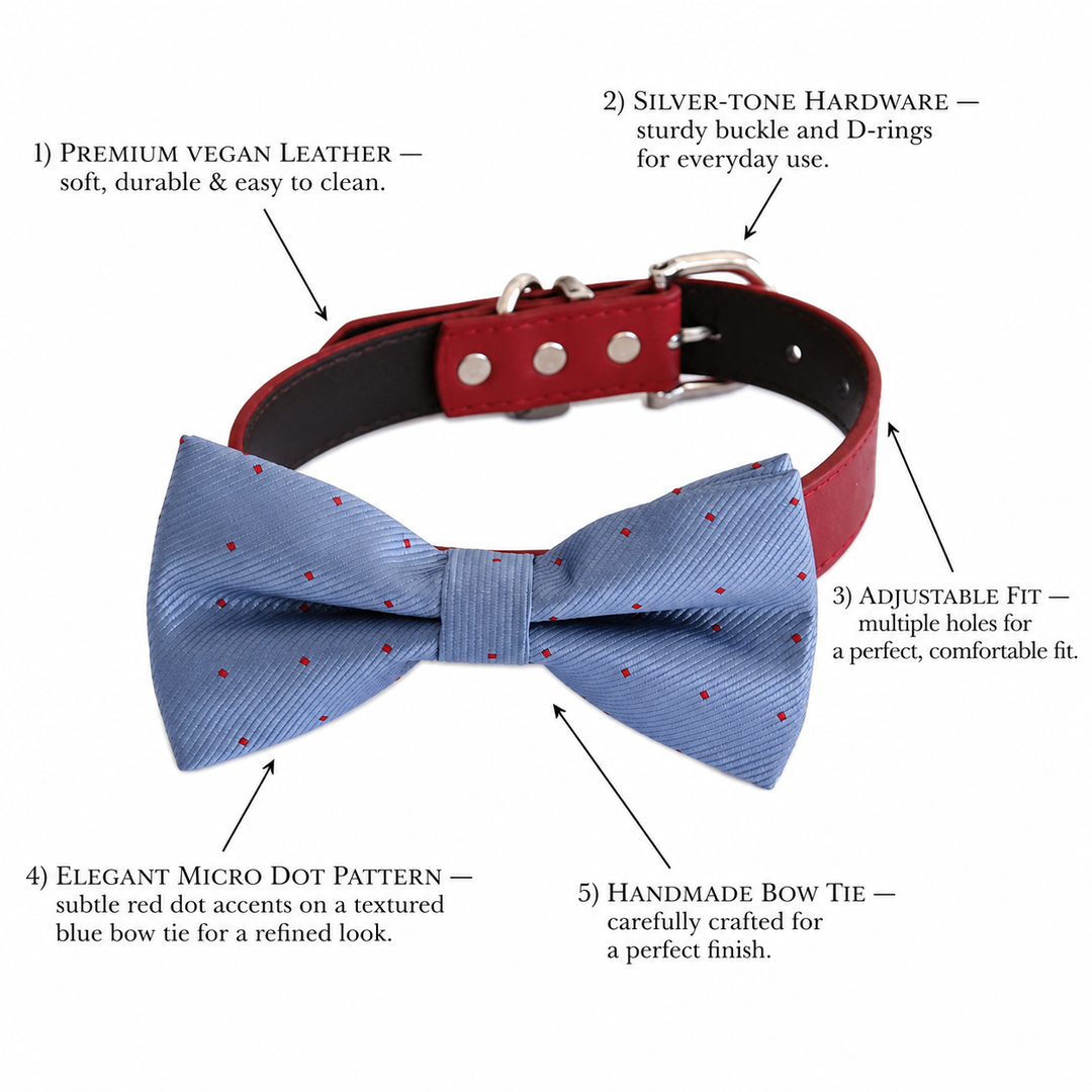 Dusty Blue Ring Bearer Dog Bow Tie Collar with Adjustable Red Vegan Leather Collar
