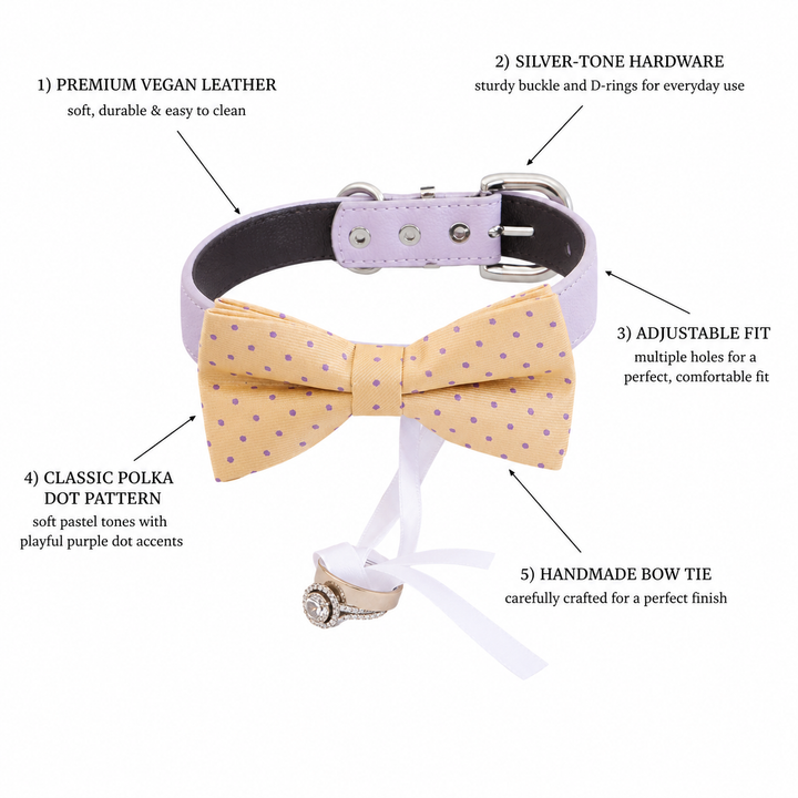 Pastel Yellow Ring Bearer Dog Bow Tie Collar with Lilac Polka Dots and Adjustable Lilac Vegan Leather Collar