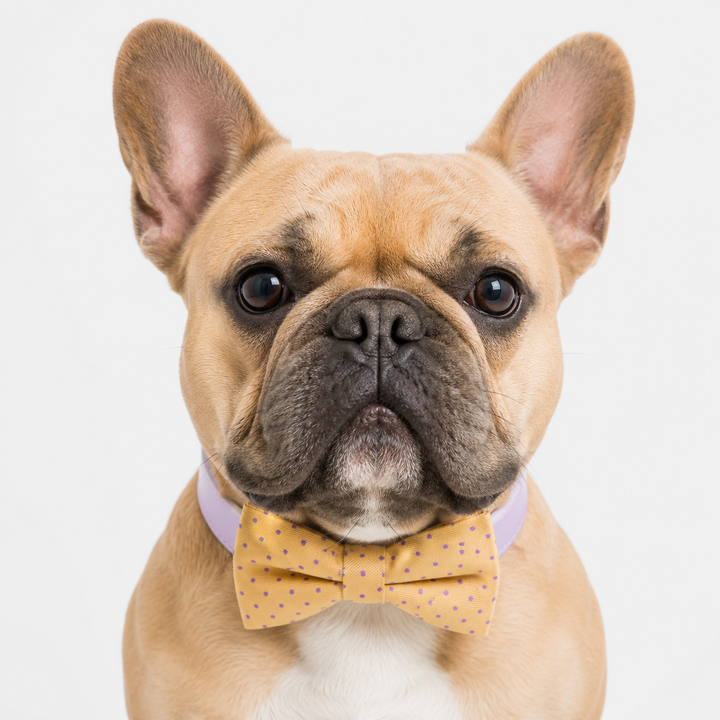 Pastel Yellow Ring Bearer Dog Bow Tie Collar with Lilac Polka Dots and Adjustable Lilac Vegan Leather Collar