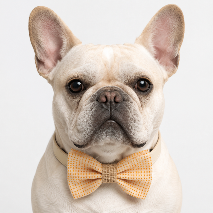 Cream and Orange Polka Dot Ring Bearer Dog Bow Tie Collar with Adjustable Cream Vegan Leather Collar