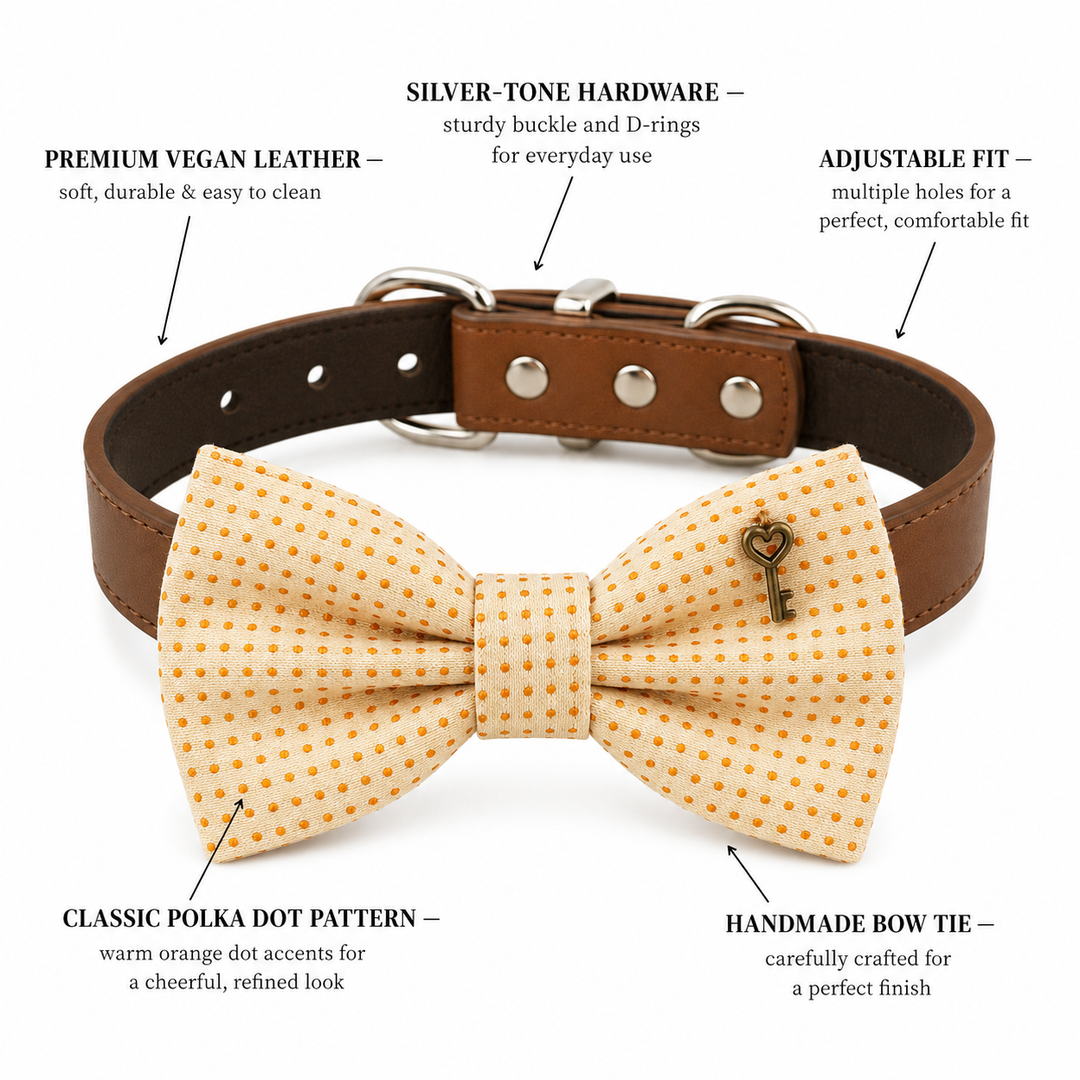 Cream and Orange Polka Dot Ring Bearer Dog Bow Tie Collar with Antique Heart Key Charm and Adjustable Brown Vegan Leather Collar