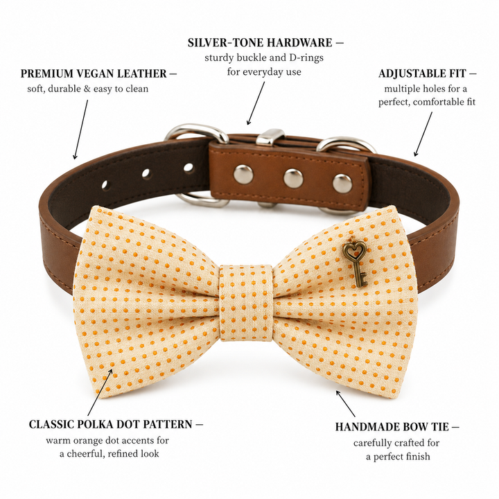Cream and Orange Polka Dot Ring Bearer Dog Bow Tie Collar with Antique Heart Key Charm and Adjustable Brown Vegan Leather Collar