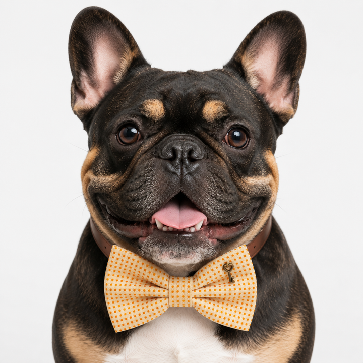 Cream and Orange Polka Dot Ring Bearer Dog Bow Tie Collar with Antique Heart Key Charm and Adjustable Brown Vegan Leather Collar