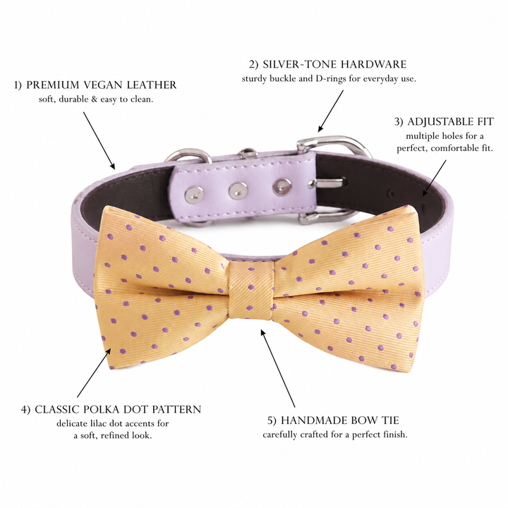 Pastel Yellow Ring Bearer Dog Bow Tie Collar with Purple Polka Dots and Adjustable Lilac Vegan Leather Collar