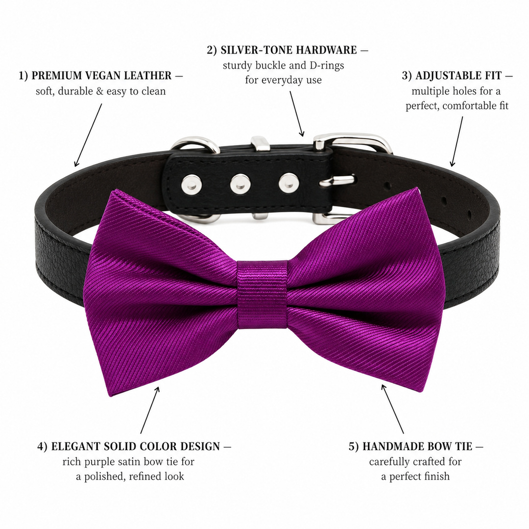 Magenta Ring Bearer Dog Bow Tie Collar with Adjustable Black Vegan Leather Collar