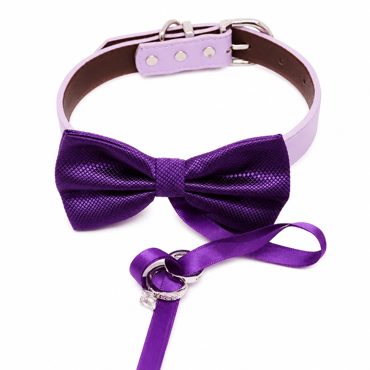 Purple Ring Bearer Dog Bow Tie Collar with Wedding Rings, Satin Ribbon & Adjustable Lavender Vegan Leather Collar