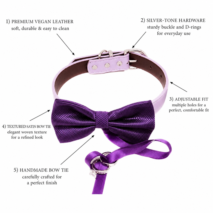 Purple Ring Bearer Dog Bow Tie Collar with Wedding Rings, Satin Ribbon & Adjustable Lavender Vegan Leather Collar