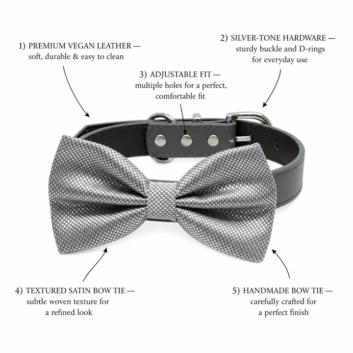 Silver Ring Bearer Dog Bow Tie Collar with Adjustable Black Vegan Leather Collar