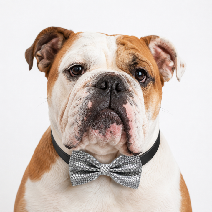 Silver Ring Bearer Dog Bow Tie Collar with Adjustable Black Vegan Leather Collar