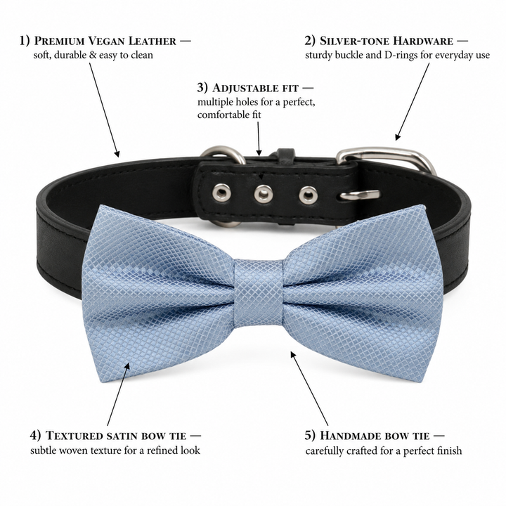 Dusty Blue Ring Bearer Dog Bow Tie Collar with Adjustable White Vegan Leather Collar
