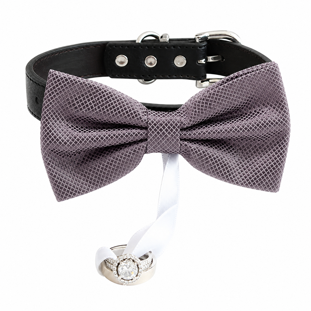 Dusty Lavender Ring Bearer Dog Bow Tie Collar with Wedding Ring White Ribbon & Adjustable Black Vegan Leather Collar