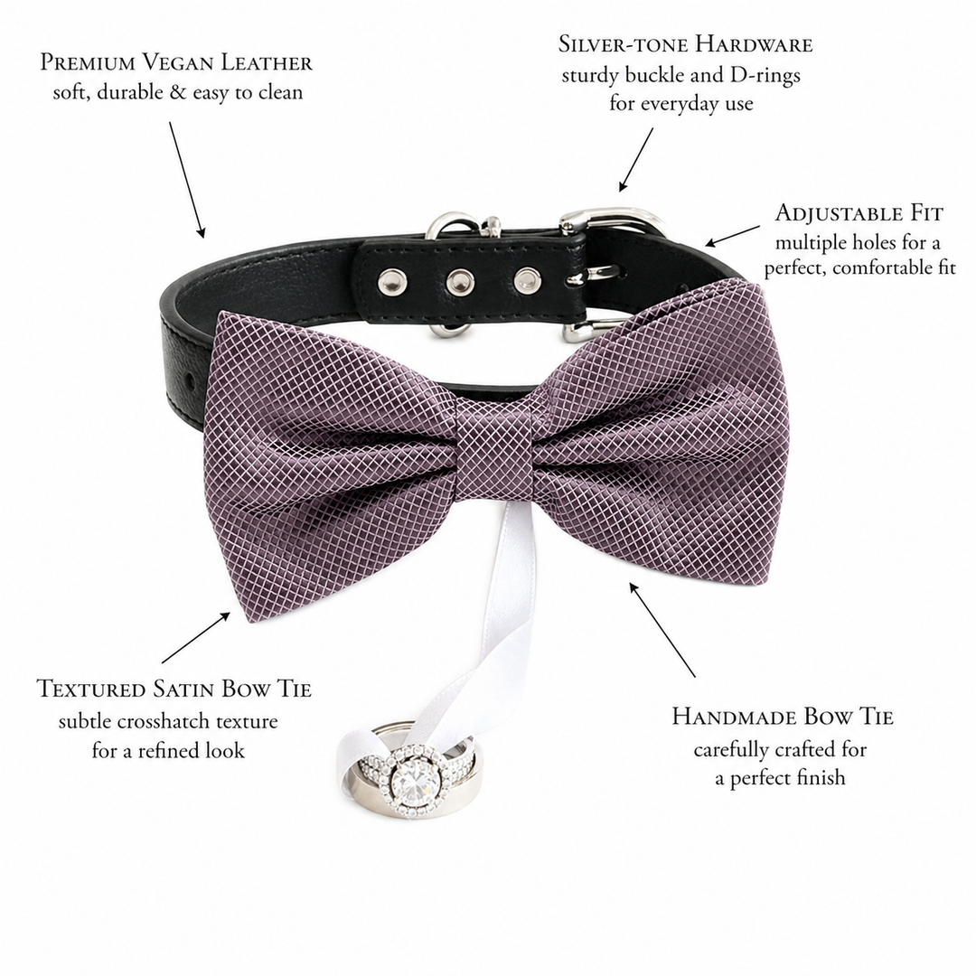 Dusty Lavender Ring Bearer Dog Bow Tie Collar with Wedding Ring White Ribbon & Adjustable Black Vegan Leather Collar