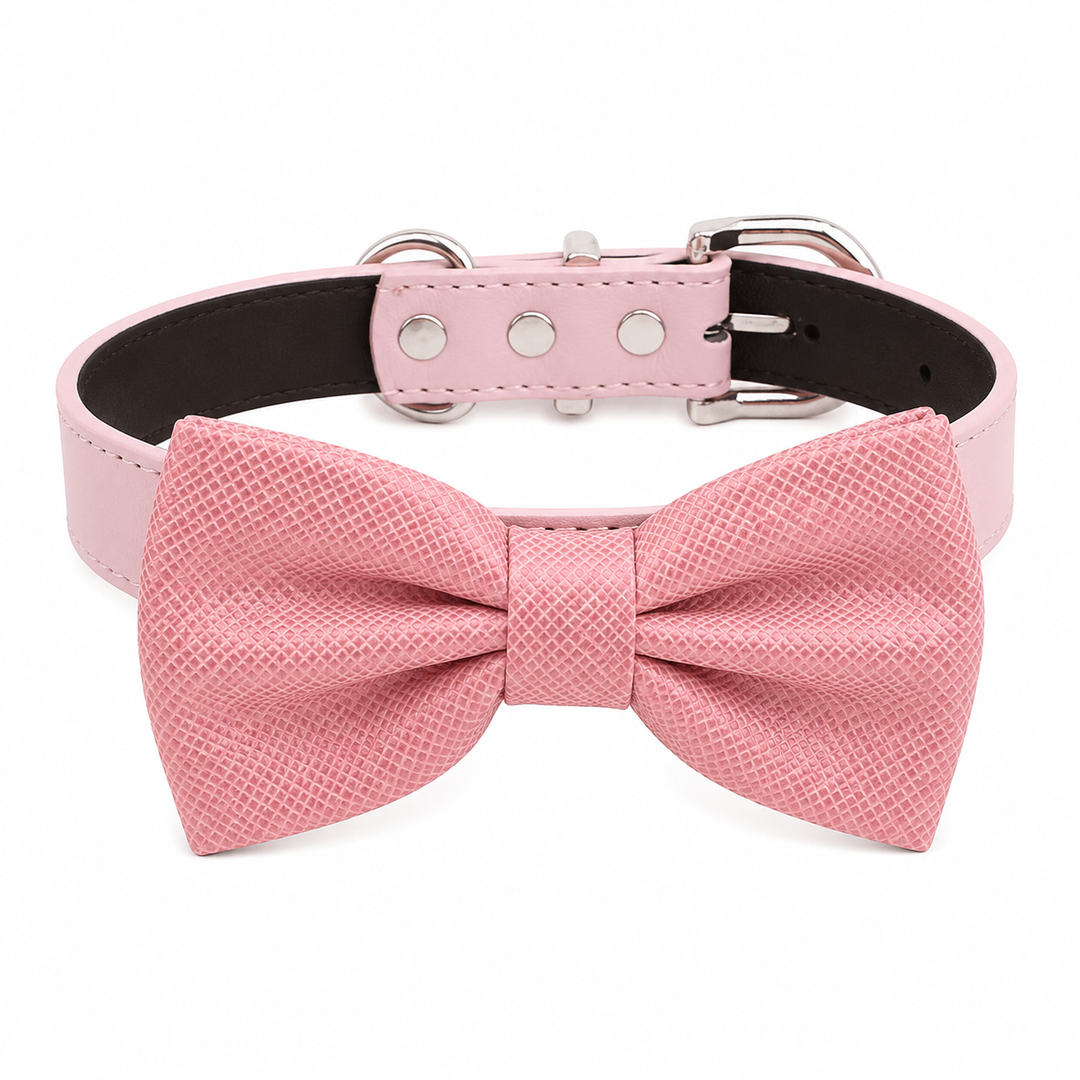 Blush Pink Ring Bearer Dog Bow Tie Collar with Adjustable Pink Vegan Leather Collar