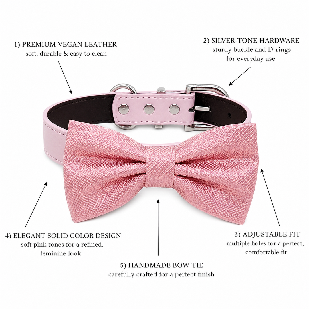 Blush Pink Ring Bearer Dog Bow Tie Collar with Adjustable Pink Vegan Leather Collar