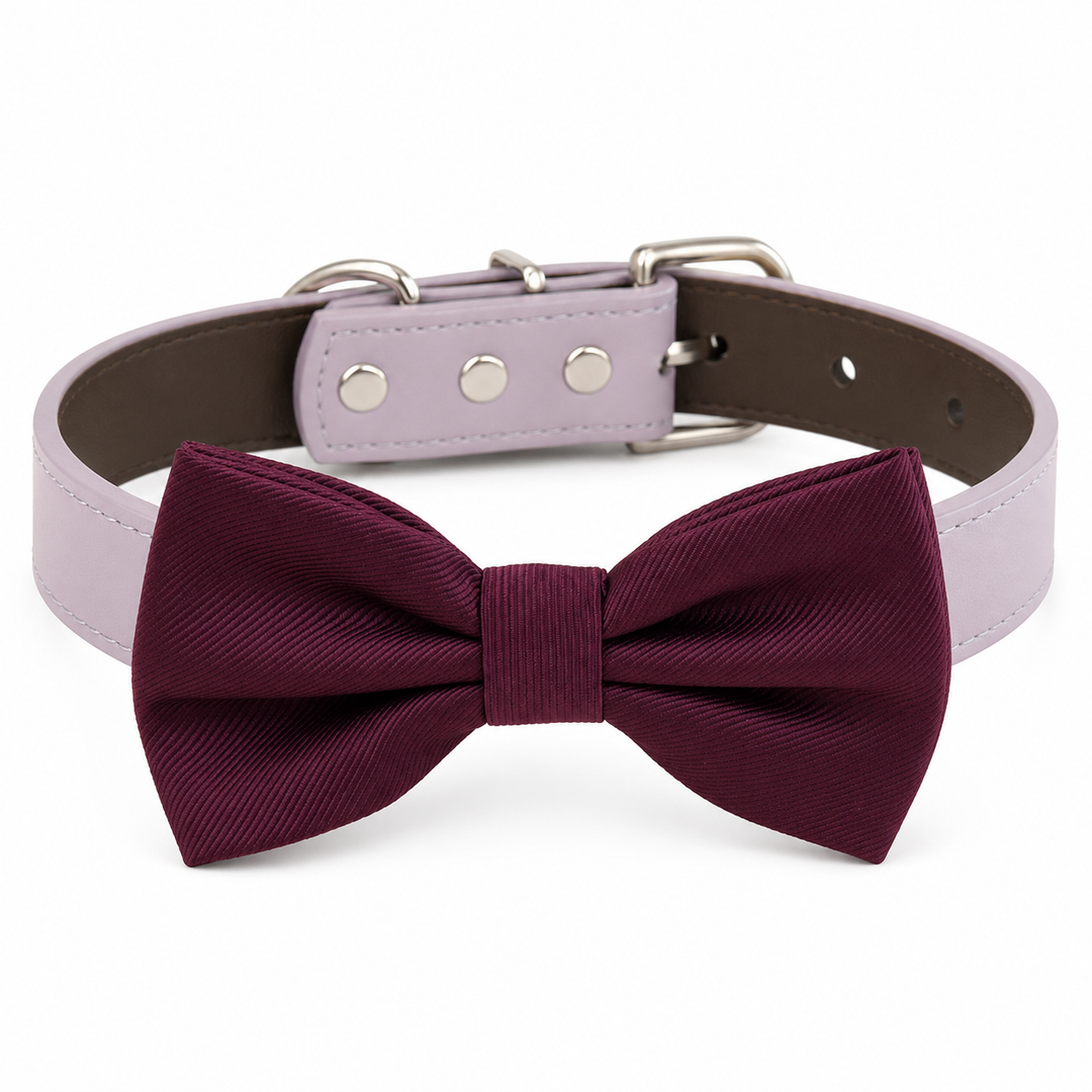 Burgundy Ring Bearer Dog Bow Tie Collar with Adjustable Lavender Vegan Leather Collar