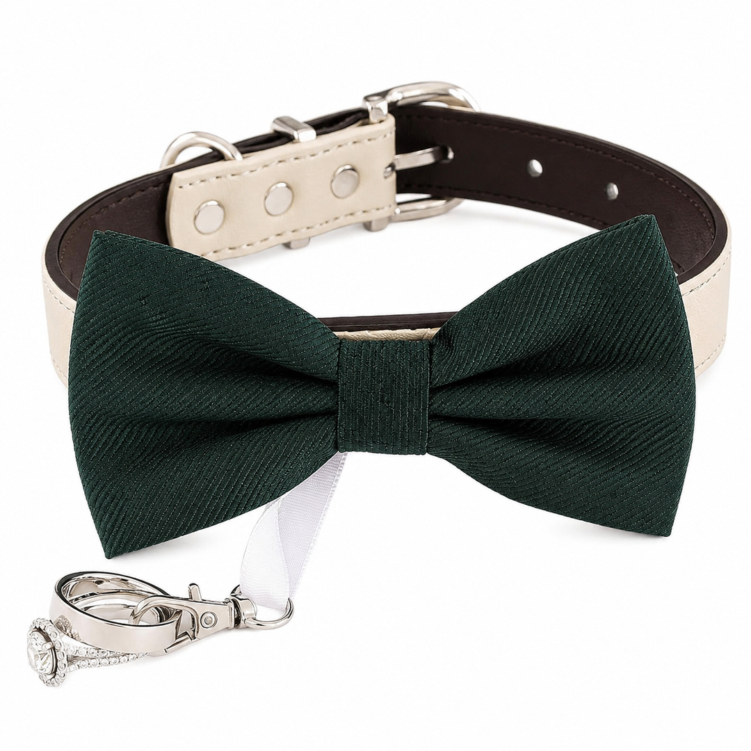 Emerald Green Ring Bearer Dog Bow Tie Collar with Wedding Ring Holder and Adjustable Cream Vegan Leather Collar