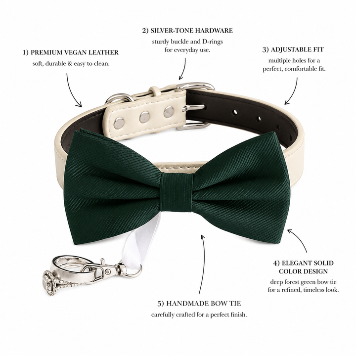 Emerald Green Ring Bearer Dog Bow Tie Collar with Wedding Ring Holder and Adjustable Cream Vegan Leather Collar