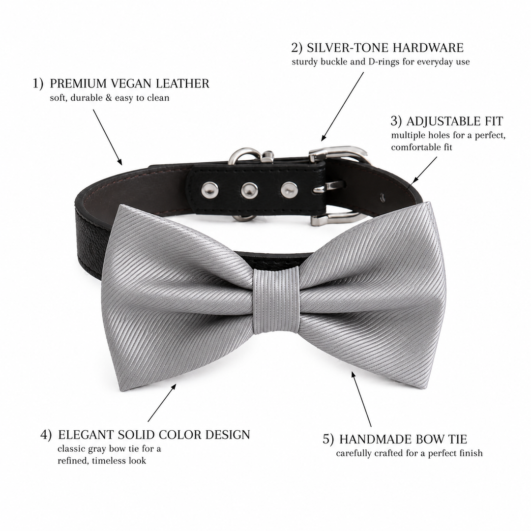 Silver Ring Bearer Dog Bow Tie Collar with Adjustable Black Vegan Leather Collar
