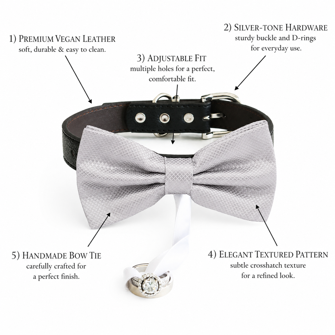 Silver Gray Ring Bearer Dog Bow Tie Collar with Wedding Ring and Adjustable Black Vegan Leather Collar
