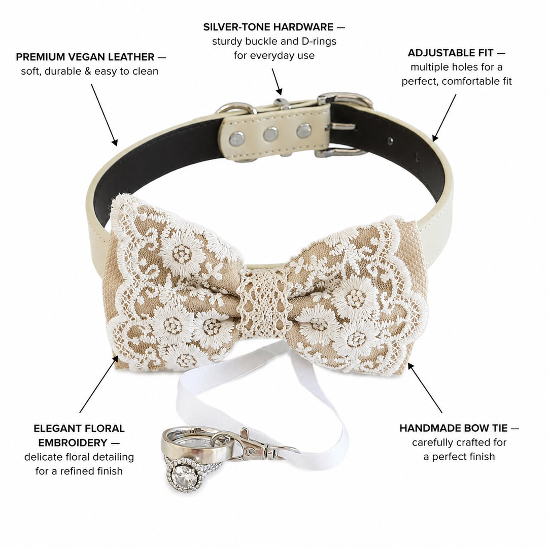 Ivory Beige Lace Wedding Dog Bow Tie Collar with Floral Embroidery