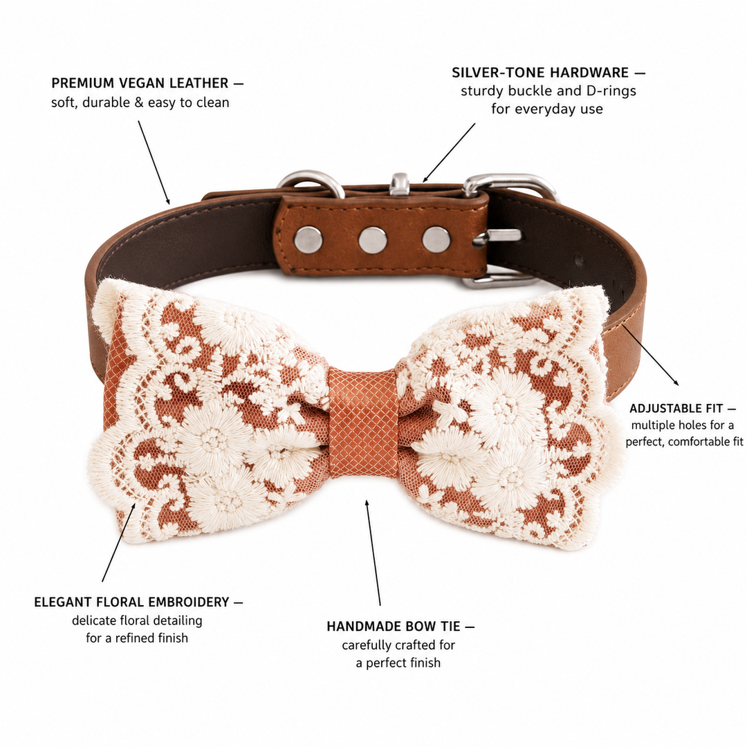 Dusty Rose Lace Wedding Dog Bow Tie Collar with Ivory Floral Embroidery
