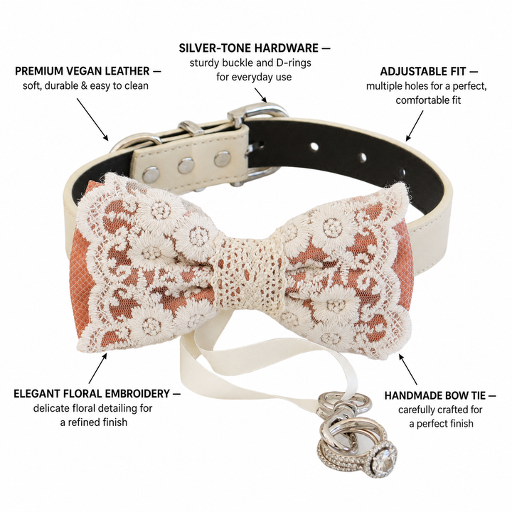 Soft Terracotta Lace Wedding Dog Bow Tie Collar with Ivory Floral Embroidery