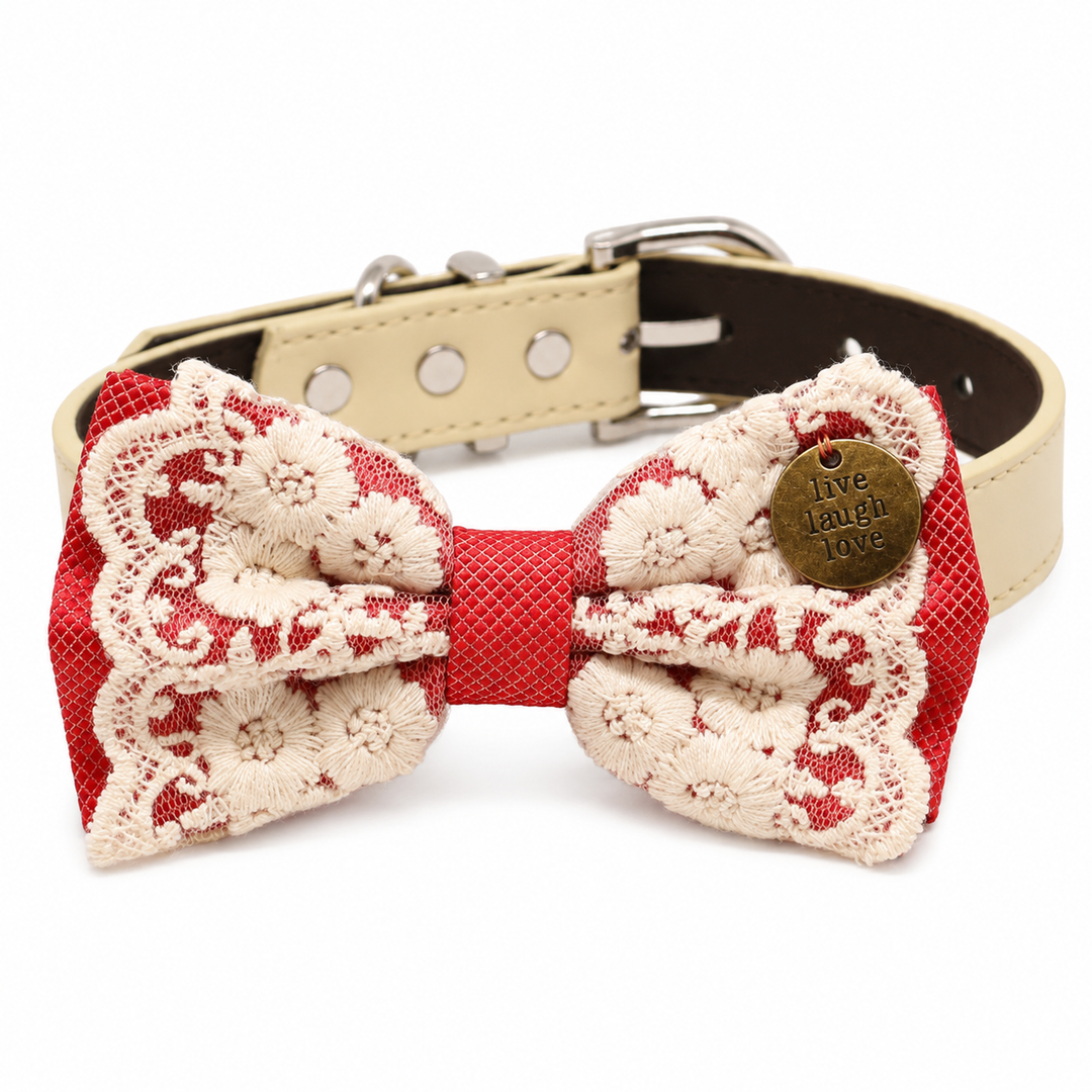 Ruby Red Lace Wedding Dog Bow Tie Collar with Ivory Floral Embroidery