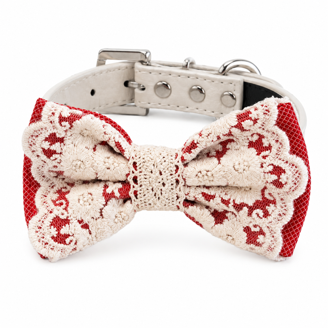 Red Lace Wedding Dog Bow Tie Collar with Ivory Floral Embroidery