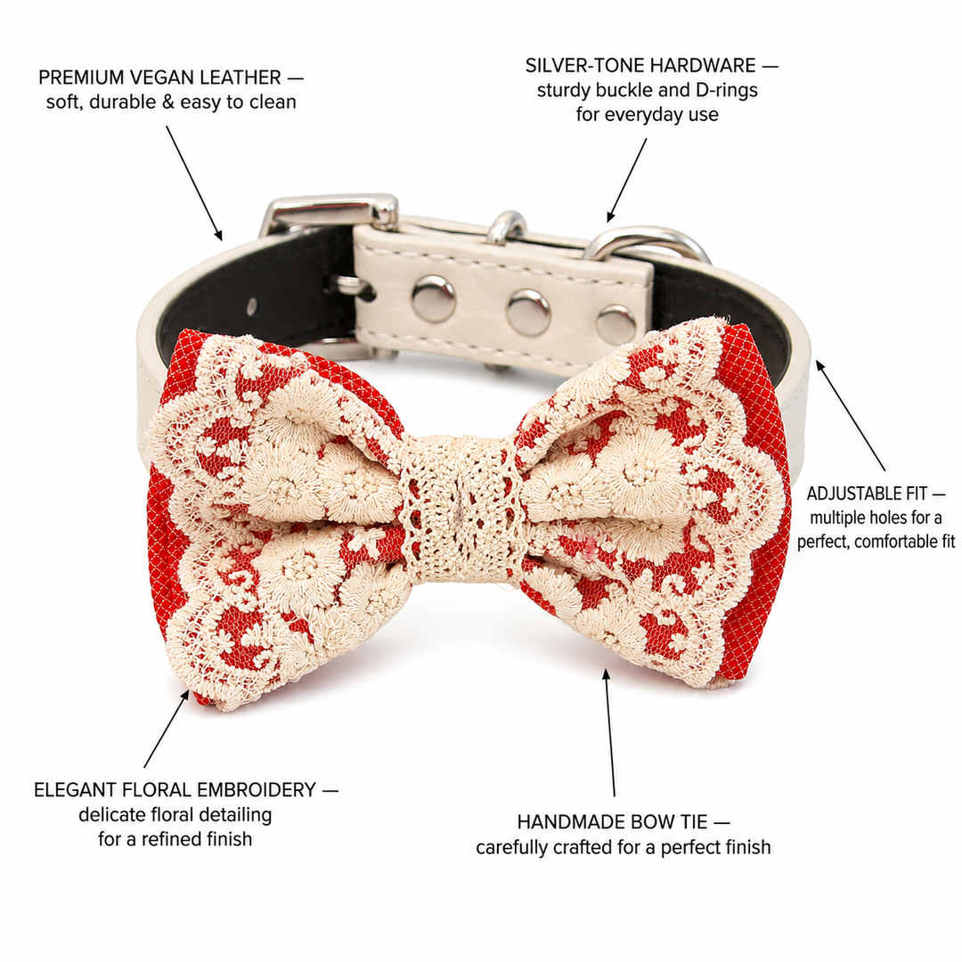 Red Lace Wedding Dog Bow Tie Collar with Ivory Floral Embroidery