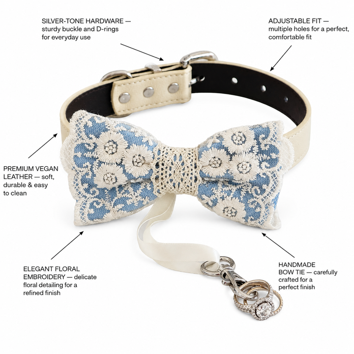 Dusty Blue Lace Wedding Dog Bow Tie Collar with Ivory Floral Embroidery