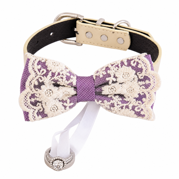 Purple Lace Wedding Dog Bow Tie Collar with Ivory Floral Embroidery